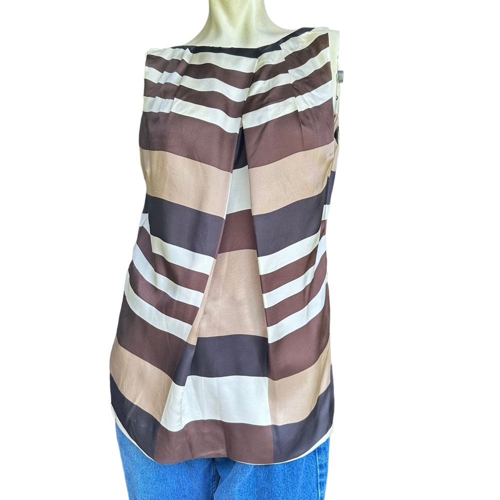 Tory Burch High Neck Neutral Striped Checkered Pleated 100% Silk Modest Size 6